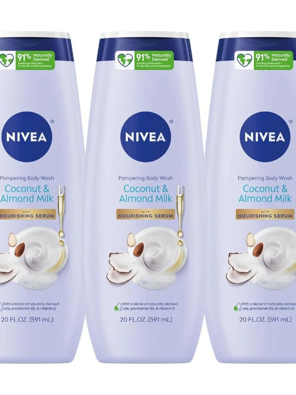 NIVEA Pampering Coconut and Almond Milk Body Wash, Multipack, 3 x 20 FL OZ